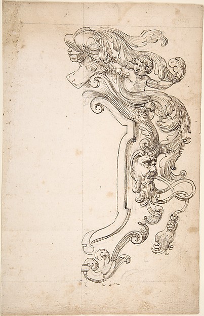Design for Half of Frame with Helm, Putti, Mask