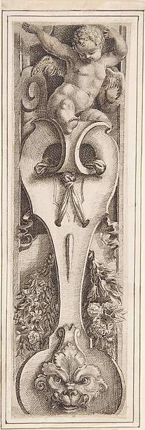 Ornamental Border with a Putto, Scroll, Mask, and Floral Garland