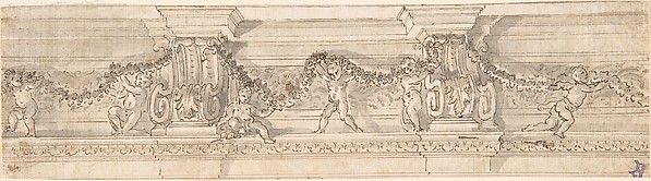 Frieze with Consoles, Putti, and Garlands (Recto); Fragment of Architectural design (Verso)