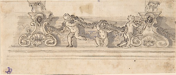 Design for the Decoration of a Cornice with Putti holding a Garland (recto); Red Chalk Sketches (verso)