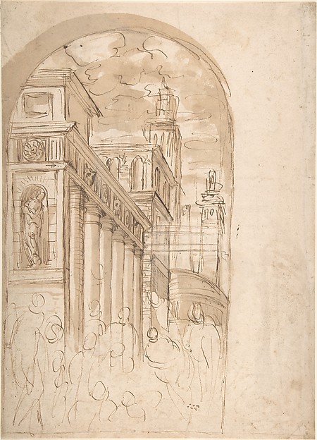 Figures Gathered Before a Group of Buildings, One with a Colonnade (recto); Corner View of a Building all'antica (verso)