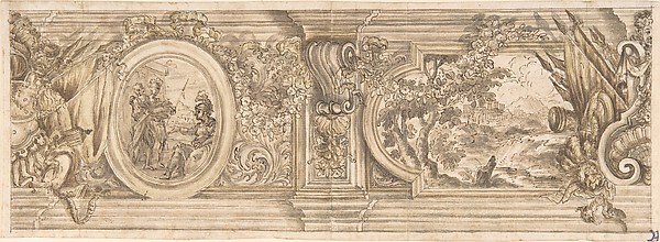 Architectural Design with a Decorated Frieze Containing a History Scene and Landscape
