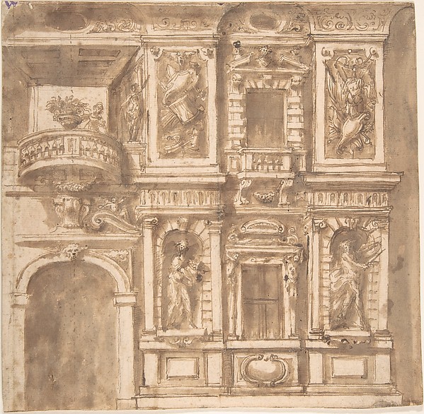 Design for a Facade with Statues in Niches and Armorial Trophies