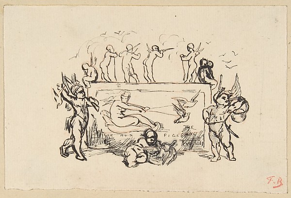 Putti grouped around a rectangular panel