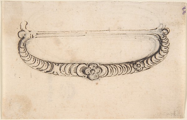 Design for a Metal Bag or Purse Handle with Stacked Coin Motif and Central Rosette