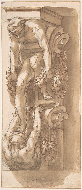 Design for a Bracket or Console with Two Figures caught in Strapwork
