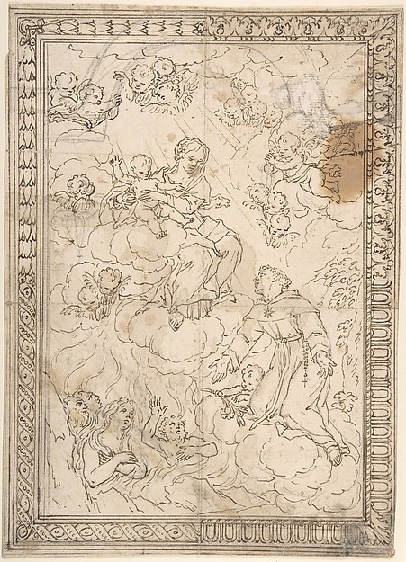 Kneeling Saint and Lost Souls before the Madonna and Child, with Four Alternate Border Designs by Anonymous, Italian, 17th century