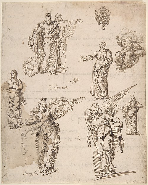 Sheet of Studies with Angels and Religious Figures (recto); Draft of a Letter (verso)