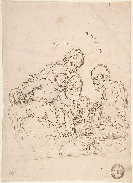 Holy Family with St. John the Baptist (recto); Study of a Foot (verso) by Anonymous, Italian, 17th century
