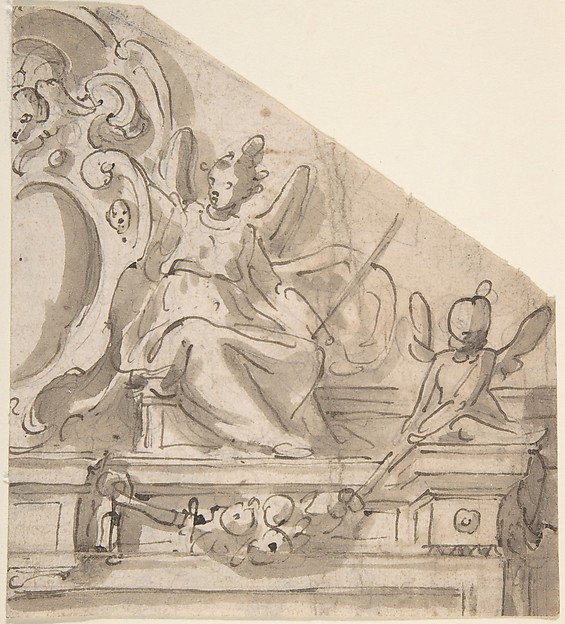Fragment of a Design for an Overdoor with Seated Angel Supporting Cartouche, and Seated Putto Holding Garland (recto); Fragments of a Cartouche? (verso)