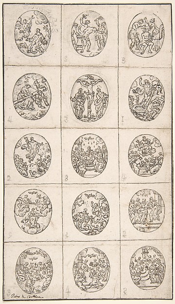 15 Oval Scenes From the Life of Christ and a Scene of a Saint Adoring the Holy Cross by Anonymous, Italian, 17th or 18th century