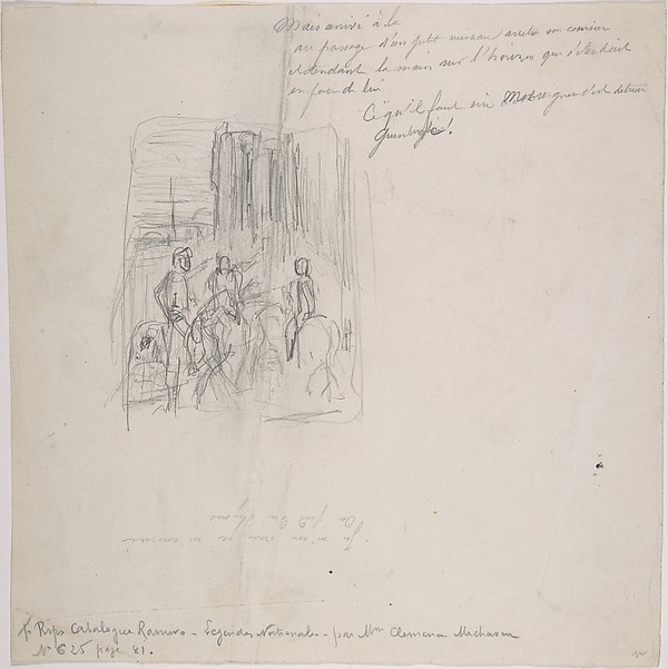 Three figures on horseback with indications at right