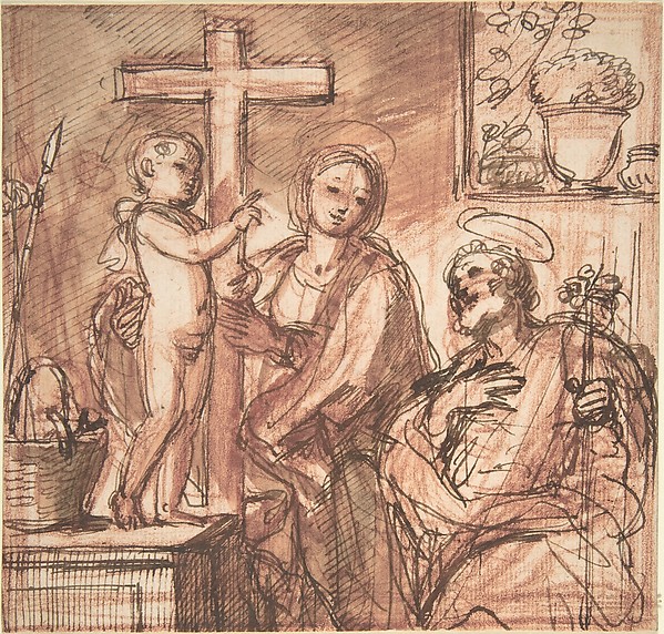 Holy Family in an Interior by Anonymous, Italian, Roman-Bolognese, 17th century