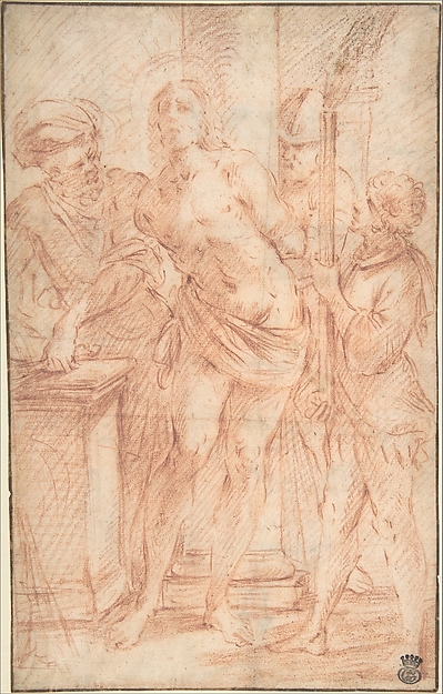 The Mocking of Christ (recto); Exterior View of a Church (verso) by Anonymous, Italian, Roman-Bolognese, 17th century