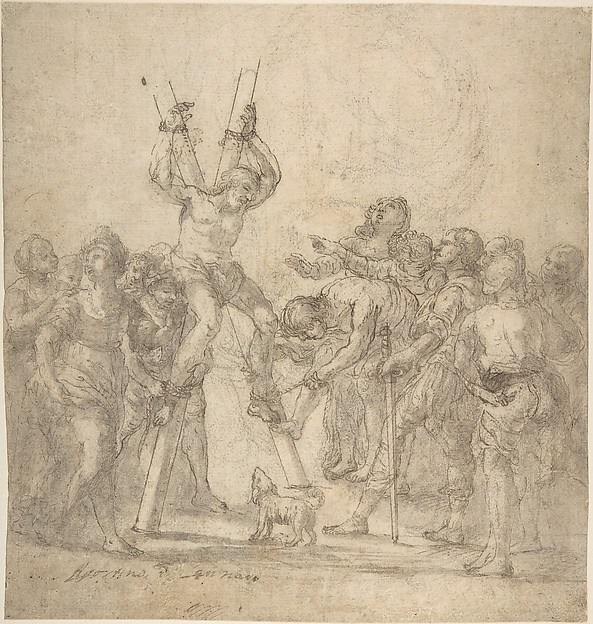 Martydom of Saint Andrew (recto); Head of a Woman (verso) by Anonymous, Italian, Roman-Bolognese, 17th century