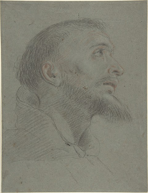 Bust-Length Study for the Head of Saint Francis in Near Profile Facing Right by Anonymous, Italian, Bolognese, 17th century