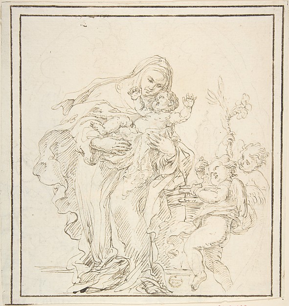 St. Catherine of Siena with The Infant Jesus (recto); Warrior with Dead Lion? (verso) by Anonymous, Italian, Roman-Bolognese, 17th century