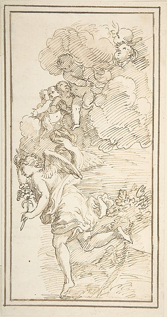 Archangel Holding a Lily in a Landscape with Clouds Bearing Putti (Fragment of a Scene of the Annunciation) by Anonymous, Italian, 18th century