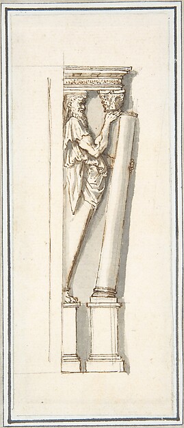 Anonymous, Italian, 18th century, An Architectural Detail: A Herm Figure Placing or Removing a Column from Under an Entablature (after Stucco Frame by Daniele da Volterra from Orsini Chapel, Santa Trinità dei Monti)