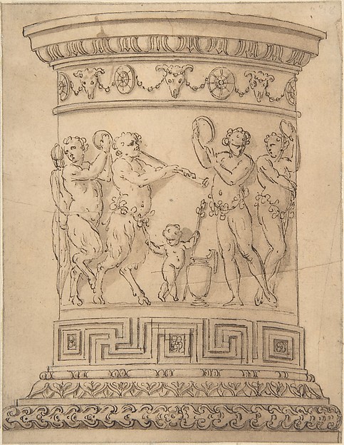 Pedestal with Relief Carving of a Bacchanal with Ornamental Borders