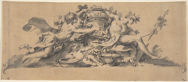 Design for a Vignette (?) with Two Figures flanking a Vase