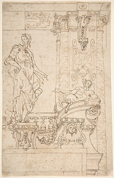 Sketch of Balcony and Pier (?) With Standing Female and a Reclining Satyr
