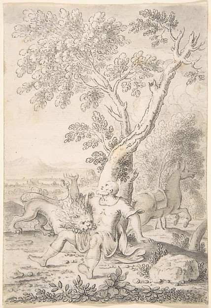 A Man under a Tree Bitten by a Lion while his Horse Escapes