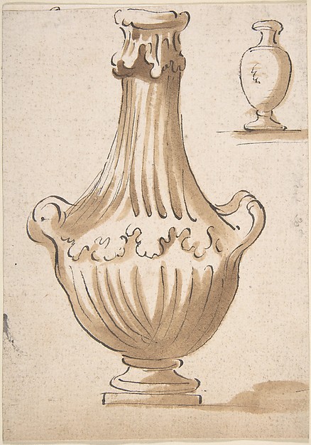 Design for a Vase: two handles, no cover.  In upper right corner, a smaller, simpler shape (recto); Part of a Chalk Drawing (verso)