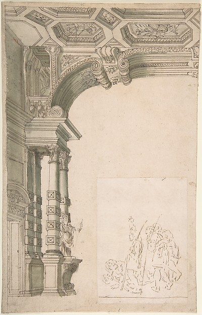 One Half of a Design for an Arch, With a Figural Sketch Pasted at lower right