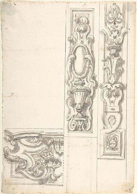 Design for Two Ornamental Upright Panels, and one Ornamental Basamento (?)
