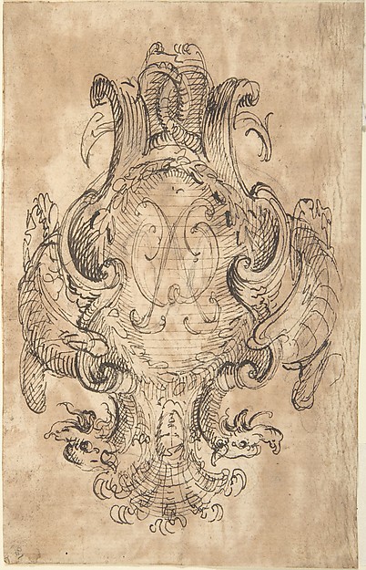 Design for a Coat of Arms with Two Dragons and Initials [?] in center (recto); Three Constructed Circles with Inscriptions (verso)