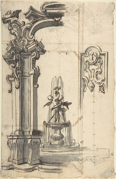 Design for an Arch Through Which Is Seen a Fountain with Two Putti (recto); Design for an Architectural Structure (verso)