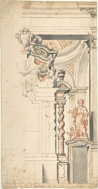Design for One Half a Chapel with the Dove of the Holy Ghost above the Main Altar, and a Statue of an Evangelist at right by Anonymous, Italian, Piedmontese, 18th century