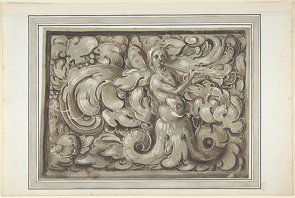 Nymph Playing a Horn (recto); Bracket with a Man's Head (verso)