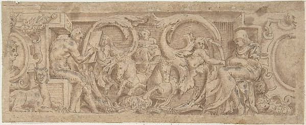 Figures, Horses, and Sphinx Entwined in Foliage and Strapwork