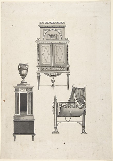 Design for furniture in a variation on the style of Thomas Sheraton, a desk or bookcase, a plate-warmer (?) pedestal, and a cradle