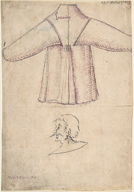 A costume and a sketch of a man in profile