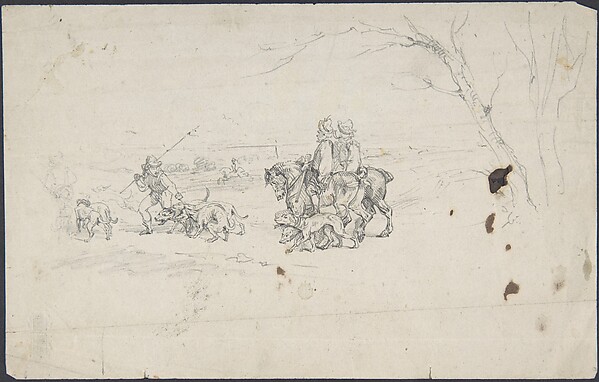 Sketch of horsemen with dogs