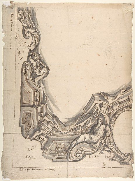 Design for a corner of a Painted Ceiling, Architectural "Cove" with a Seated Figure at the Bottom, and a Putto at the Side