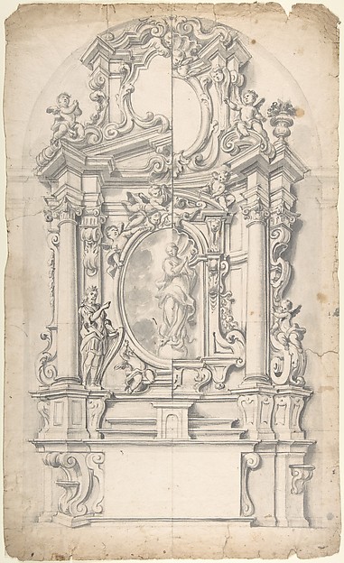 Halved Variant Designs for an Altar with the Virgin of the Immaculate Conception in the Central Cartouche by Anonymous, Italian, Piedmontese, 18th century