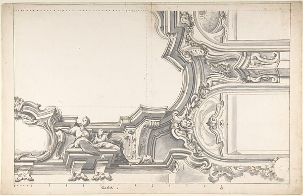 Design for an Elaborate Cornice with a Cartouche and Figures Supporting a Ceiling, with Two Arched Openings.