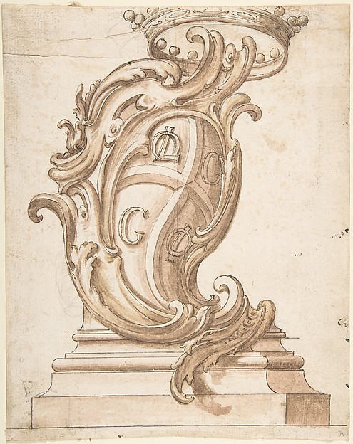 Design for a Cartouche on a Base, Surmounted by a Crown, with Arms with the Initials OL, G, G, and OI.