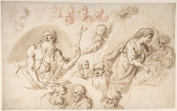 Study for a Nativity, Bearded Male Saint, and Head Studies (recto); Two Head Studies (verso) by Bartholomaeus Ignaz Weiss