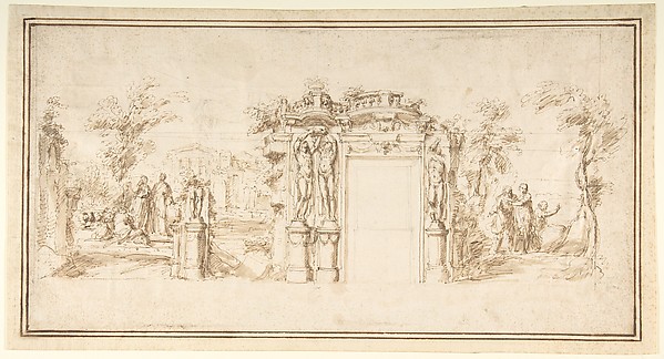 Design for a Painted Wall Decoration, with Figures in a Landscape with Classical Ruins