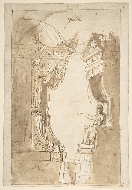 Design for a Stage Set with Two Thrones (Recto); Landscape (Verso)