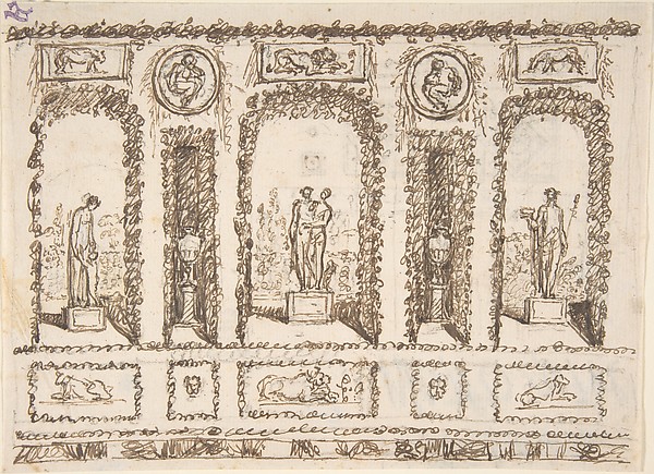 Design for a Wall Decoration of a Conservatory or Grotto with Statues and Vases in Niches