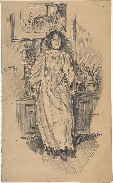 Young Woman Leaning against a Low Cabinet in Artist's Studio