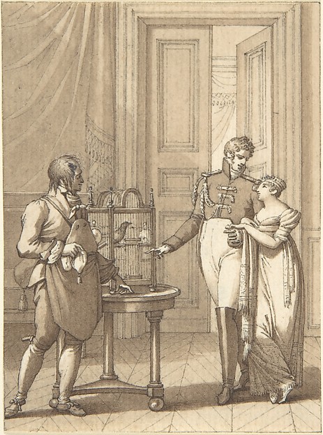 Design for a Book Illustration: an Amorous Couple Beside Birds in a Cage