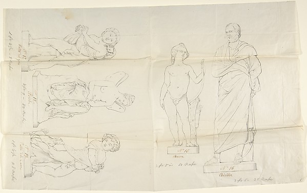 Sketches of Five Statues:  Love, Aristides, Putto with a Cat, Psyche, and Putto with a Dog