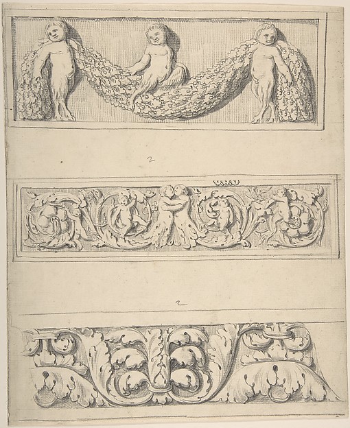 Three Frieze Designs with Young Satyrs, Leaves, Vines, and Putti